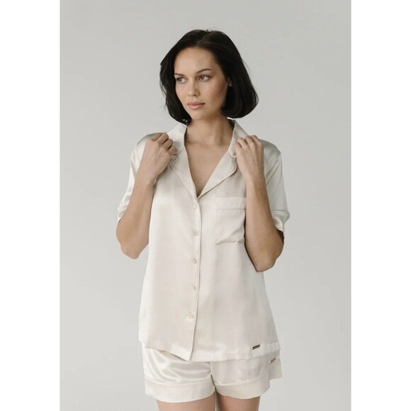 Cozy Earth Women's Serenity Silk Classic Short Sleeve Pajama Top Champagne - S - Picture 1 of 5